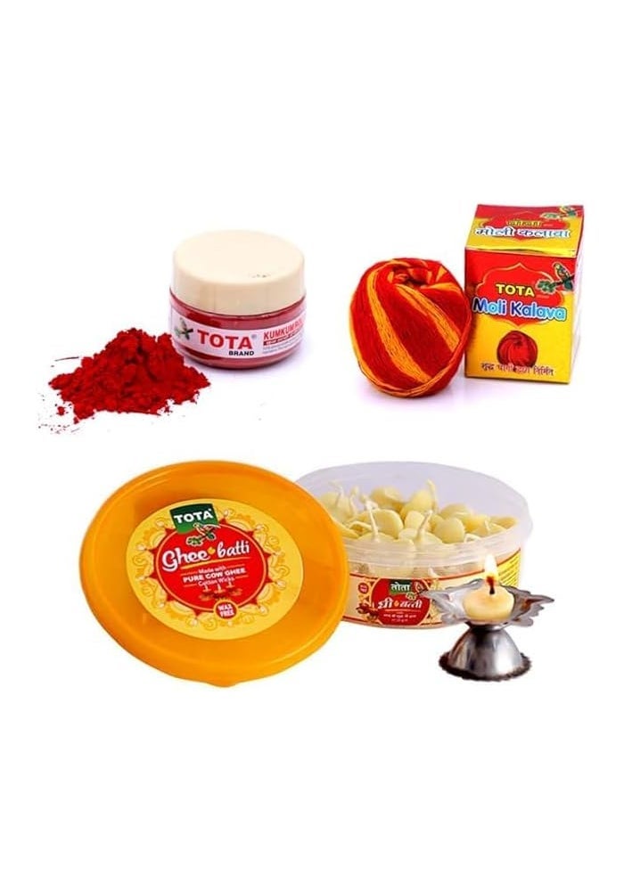 Tota Combo of Kumkum Roli, Cow Ghee Wicks and Moli Kalawa for Pooja Thali - Pack of 3 Indian Puja Items